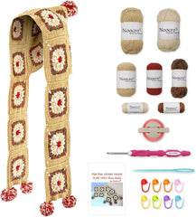 Kit for Pom-Pom Granny Square Scarf Hood, DIY Yarn Kit, Detailed Instructions, Step by Step Video Tutorial, Beginner-Friendly, Intermediate Crocheter Craft Set