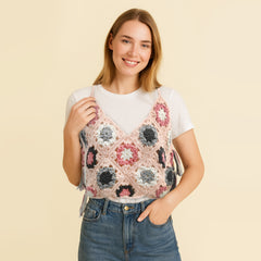 Granny Square Crochet Tank Top Kit – DIY Yarn Kit with Hook, Stitch Markers, Detailed Guide & Video Tutorial – for Intermediate or Ambitious Beginners