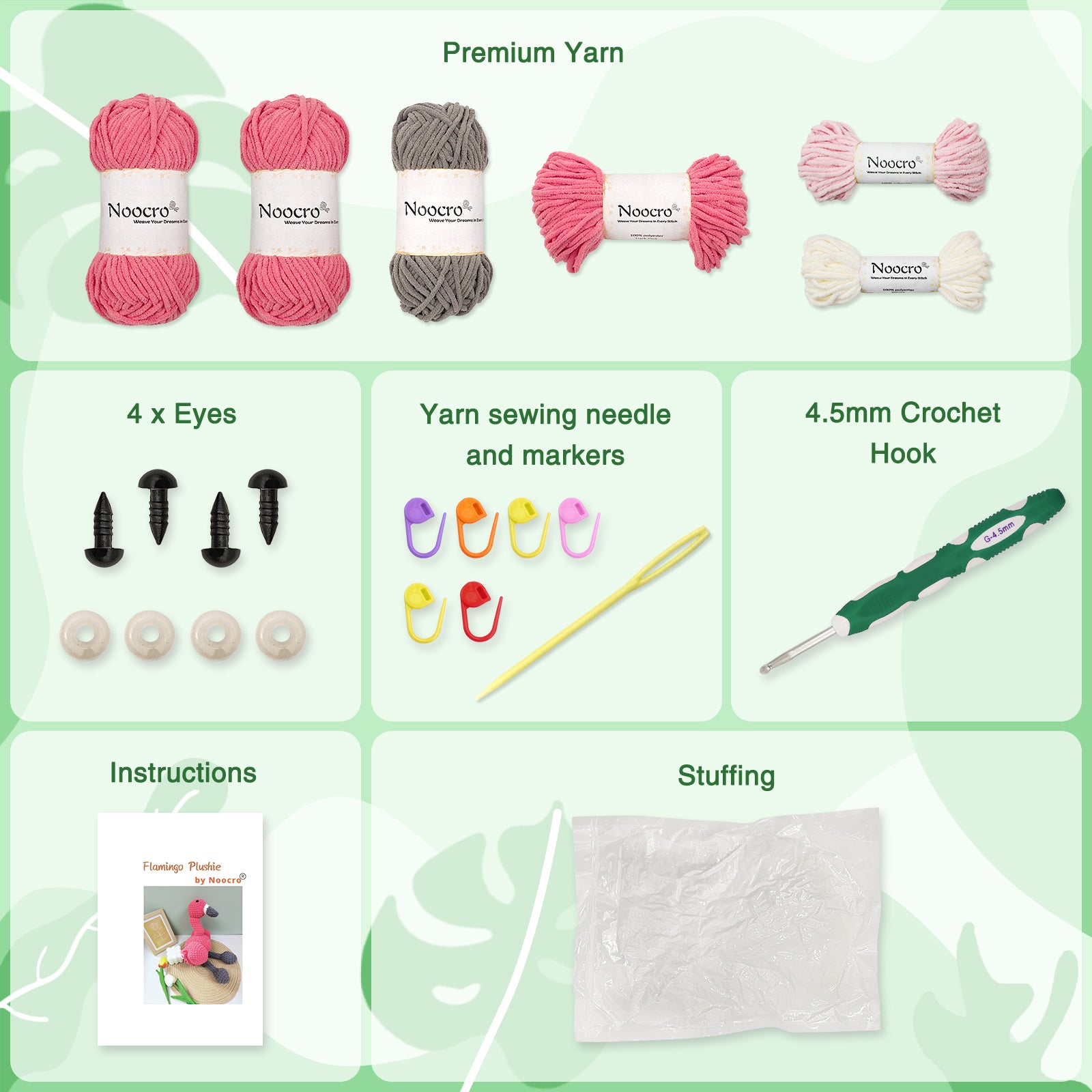 Flamingo amigurumi crochet kit contents including yarn, safety eyes, crochet hook, markers, yarn needle, stuffing and instruction booklet