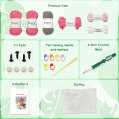 Flamingo amigurumi crochet kit contents including yarn, safety eyes, crochet hook, markers, yarn needle, stuffing and instruction booklet