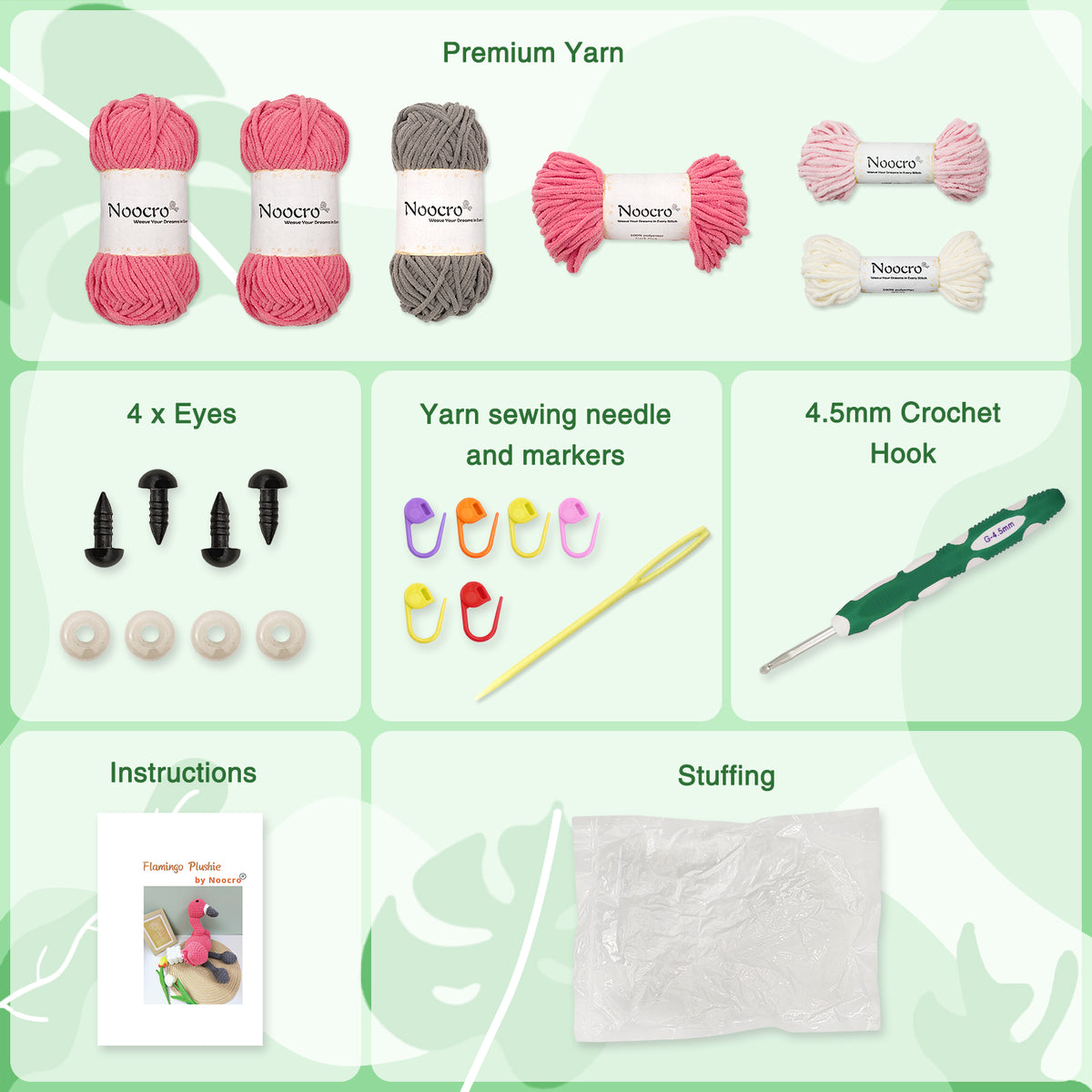 Flamingo amigurumi crochet kit contents including yarn, safety eyes, crochet hook, markers, yarn needle, stuffing and instruction booklet