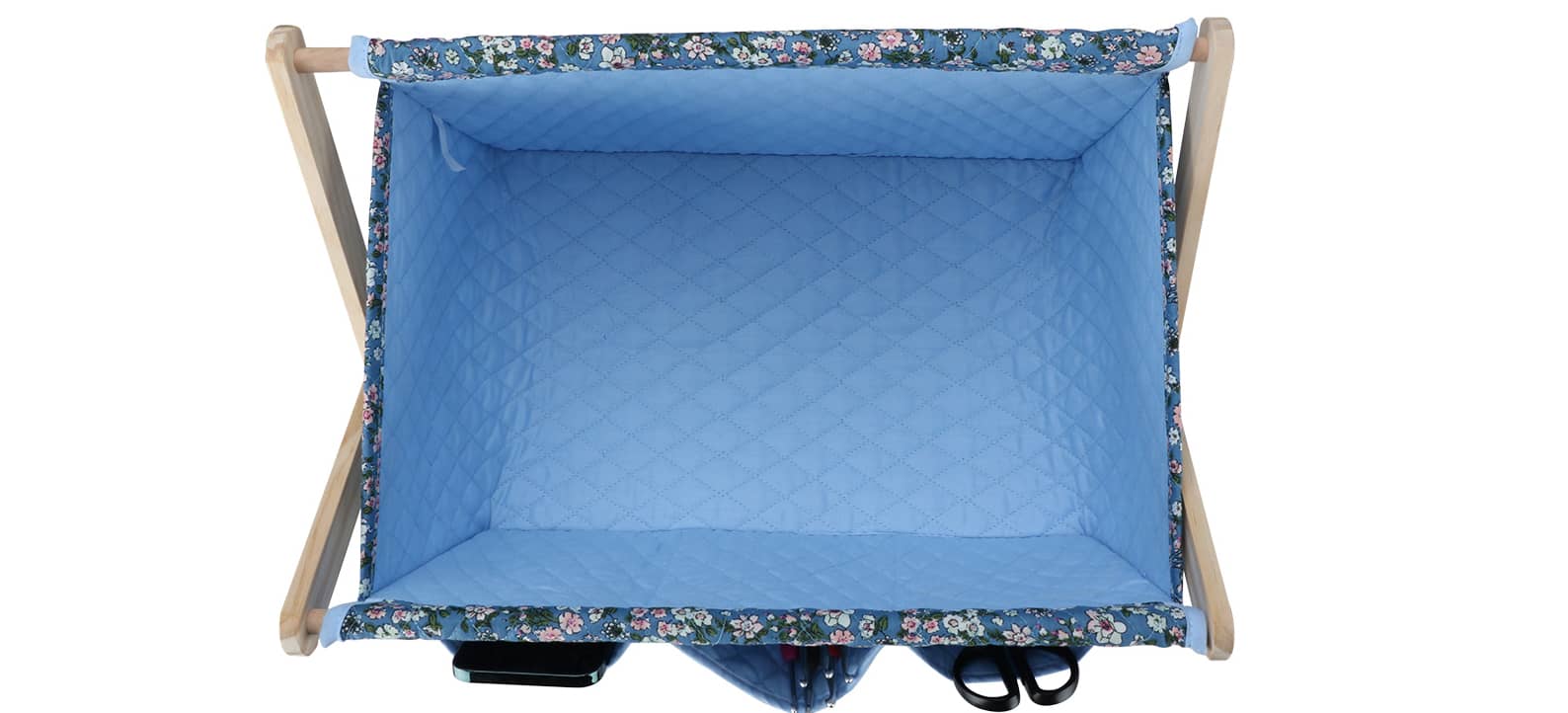 Top view of woolique blue floral-patterned craft storage box