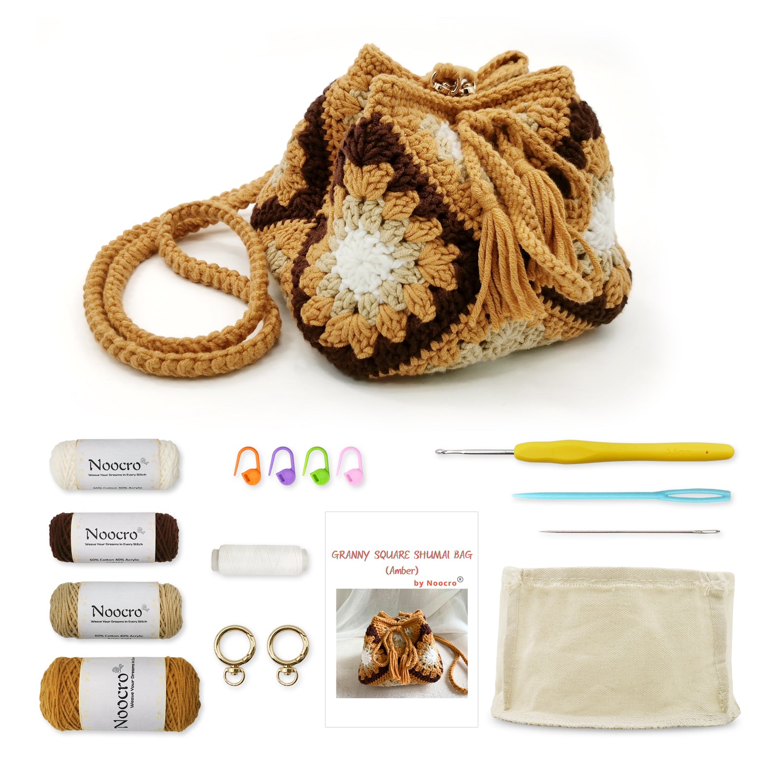 Granny square crochet kit product view 4 for Sunflower Granny Square Crochet Bag Kit, with Woolique craft details