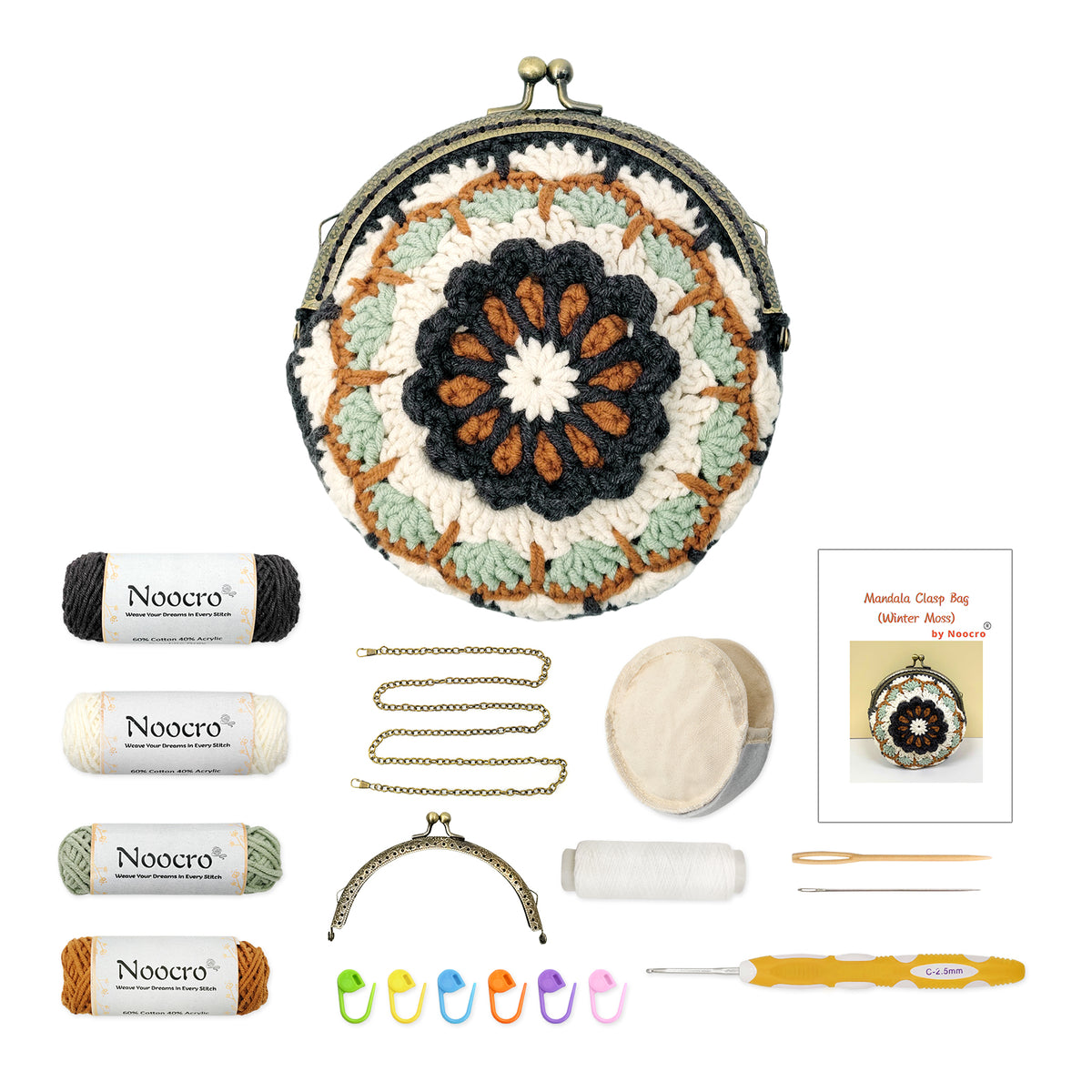 Mandala Crochet Coin Purse Kit with Metal Kiss Clasp – Boho Floral DIY Crochet Bag for Intermediate or Experienced Crocheter, Complete Kit Includes Video Tutorial and Detailed Instructions