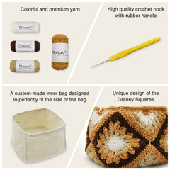 Kit Granny Square Shumai Bag, Purse, Complete DIY Kit, Detailed Instructions, Video Tutorials, for Beginners or Intermediate and Advanced Crocheters