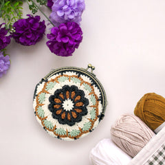 Mandala Crochet Coin Purse Kit with Metal Kiss Clasp – Boho Floral DIY Crochet Bag for Intermediate or Experienced Crocheter, Complete Kit Includes Video Tutorial and Detailed Instructions