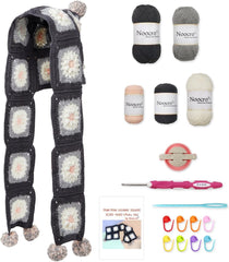 Kit for Pom-Pom Granny Square Scarf Hood, DIY Yarn Kit, Detailed Instructions, Step by Step Video Tutorial, Beginner-Friendly, Intermediate Crocheter Craft Set