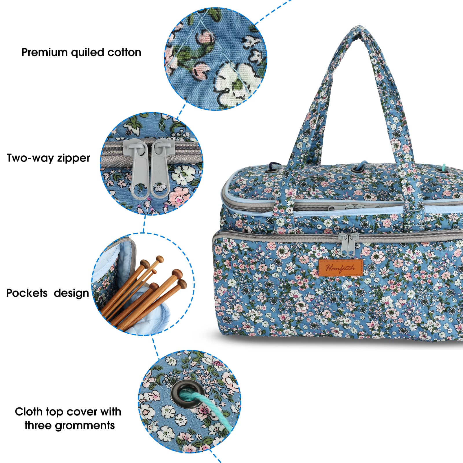 Blue floral knitting project bag with two-way zipper, pockets, and cloth top cover with three grommets