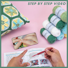 Kit for Advanced or Intermediate Beginner DIY Granny Square Pillow with Step by Step Tutorial Video and Detailed Instruction Complete Kit Craft Supplies Holiday Gift for Adults and Kids