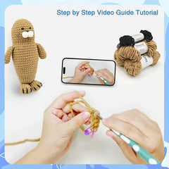 Step-by-step video guide tutorial included in the Hugging Seal crochet starter kit