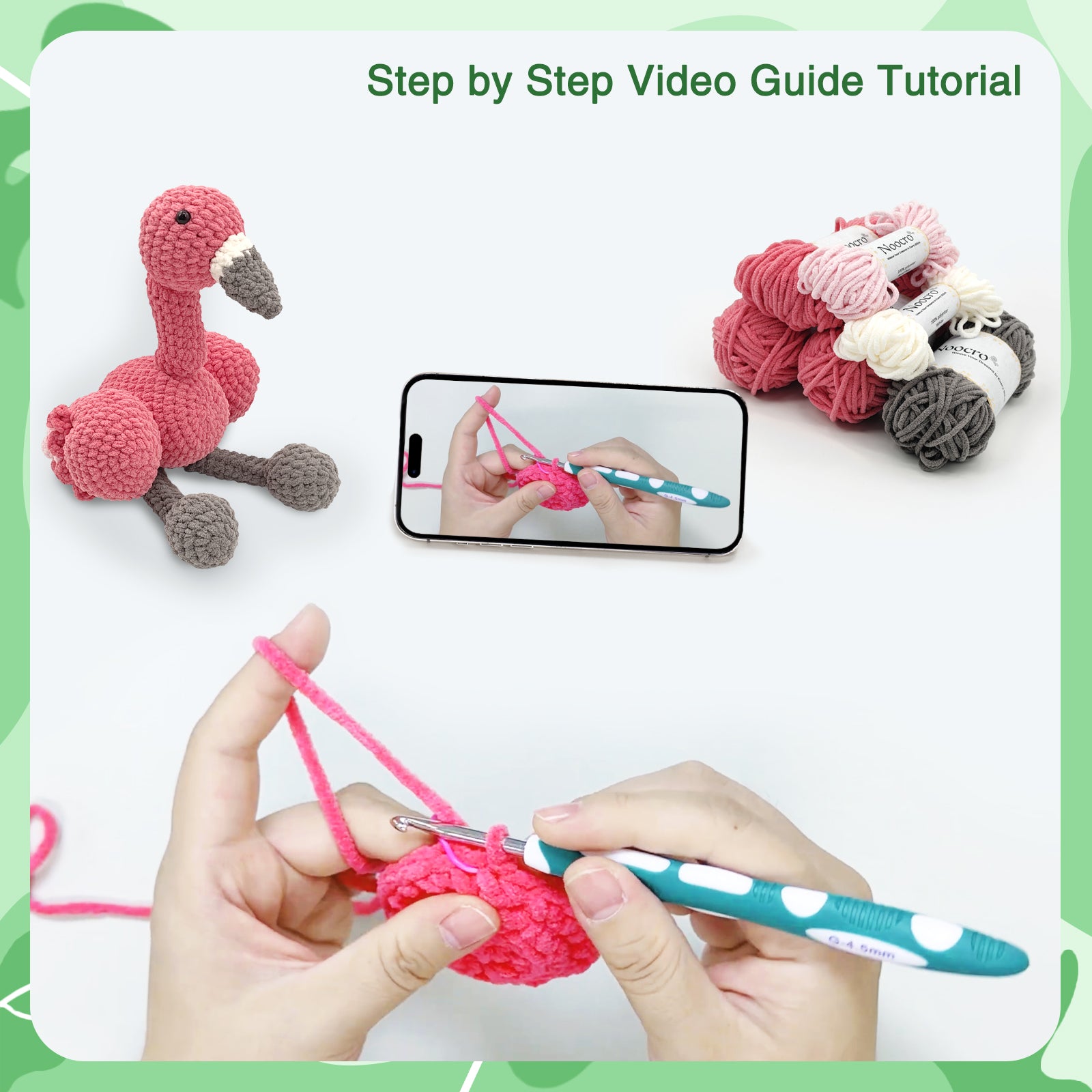 Step-by-step video tutorial showing how to crochet the flamingo amigurumi using pink yarn from the kit