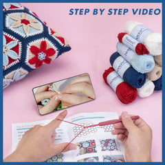 Kit for Advanced or Intermediate Beginner DIY Granny Square Pillow with Step by Step Tutorial Video and Detailed Instruction Complete Kit Craft Supplies Holiday Gift for Adults and Kids
