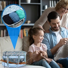 Blue floral knitting project bag with yarn storage and easy access for family crafting 