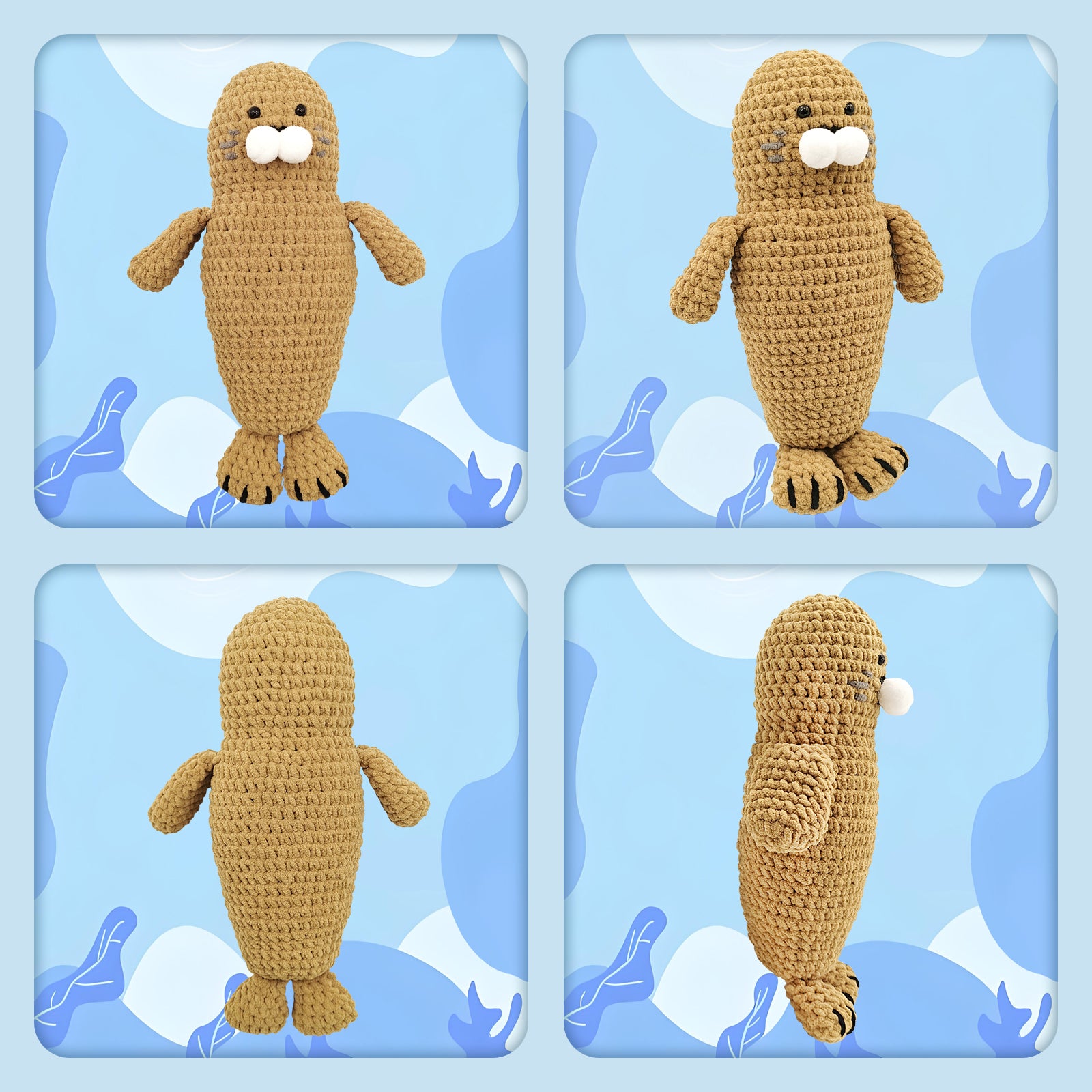 Front, back, and side views of the finished Hugging Seal crochet sea animal plushie
