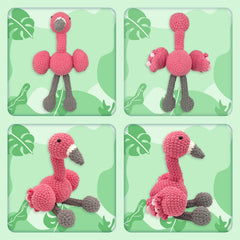 Multiple views of the finished pink flamingo amigurumi plush made from the crochet kit