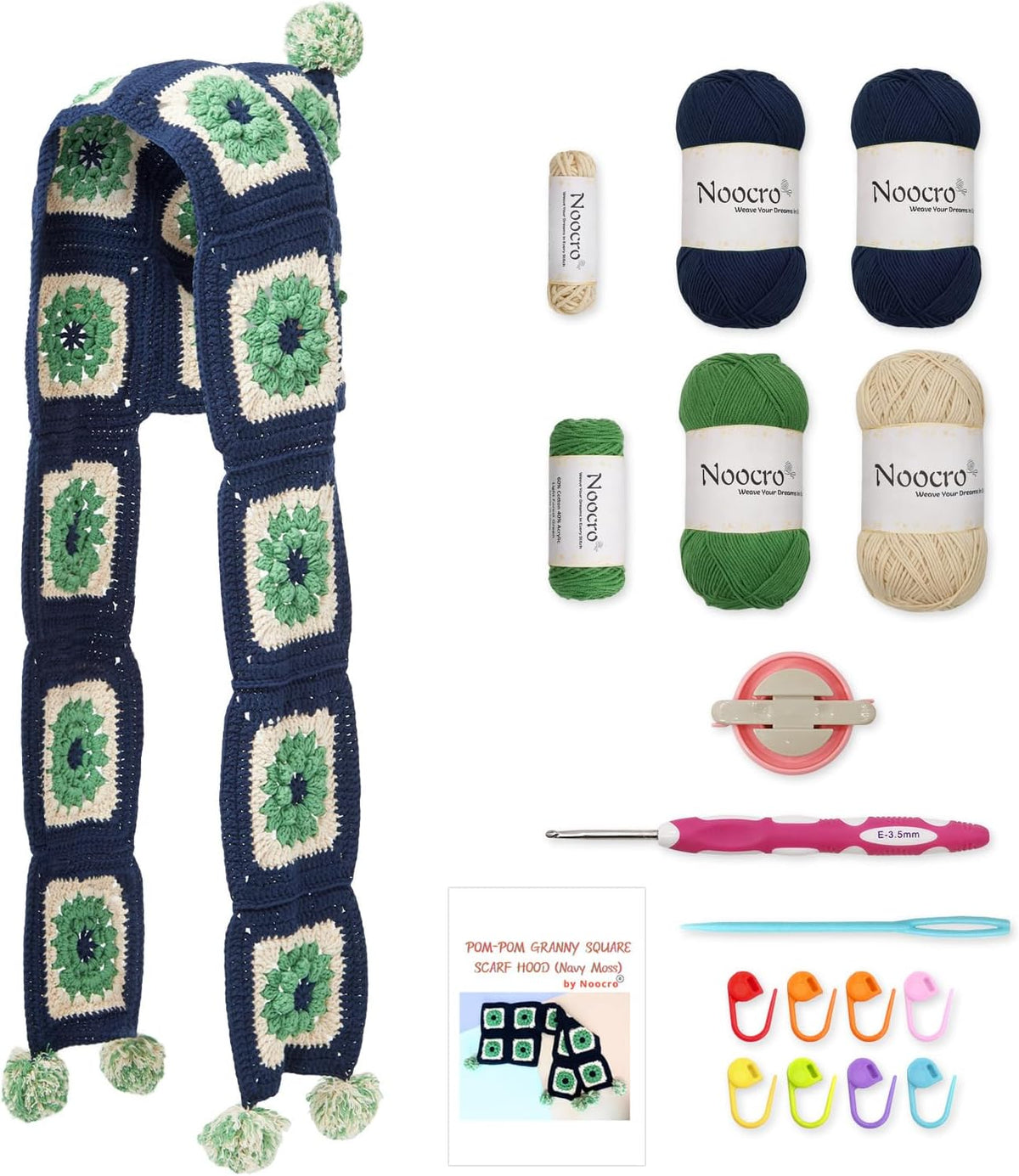 Granny square crochet kit product photo for Pom-Pom Granny Square Scarf Hood Crochet Kit, with Woolique craft details