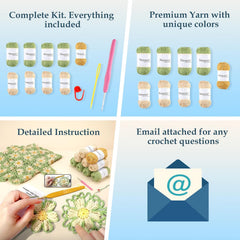 Four key features of the crochet shawl kit: complete materials, premium yarn, detailed instructions, and email support