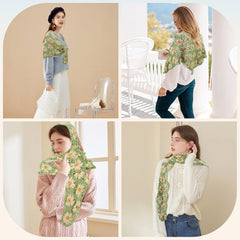 Collage showing different ways to wear the green daisy crochet shawl: as a headscarf, neck scarf, and shoulder wrap