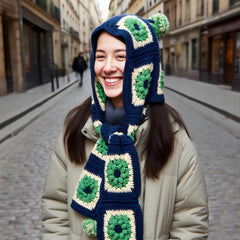 Granny square crochet kit product view 8 for Pom-Pom Granny Square Scarf Hood Crochet Kit, with Woolique craft details