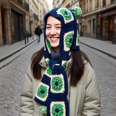 Kit for Pom-Pom Granny Square Scarf Hood, DIY Yarn Kit, Detailed Instructions, Step by Step Video Tutorial, Beginner-Friendly, Intermediate Crocheter Craft Set
