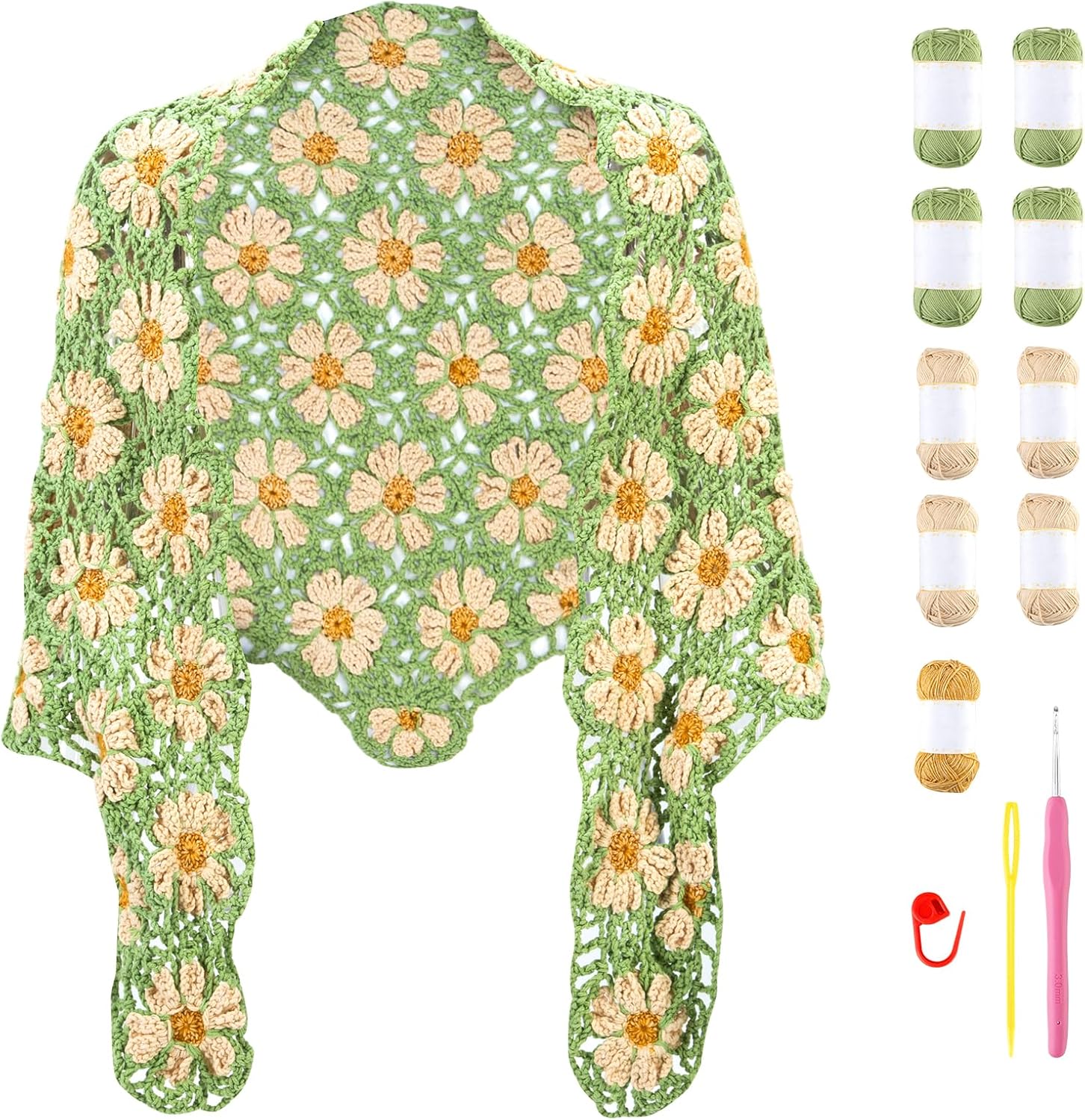 Floral Daisy Crochet Shawl Kit product photo with Woolique craft details for makers