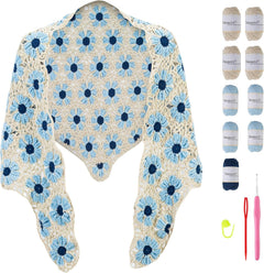 DIY crochet kit for blue floral daisy shawl, including blue and white yarn, hook, and instructions