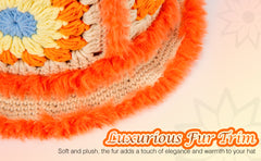 Close-up detail of soft orange fuzzy yarn trim on crochet bucket hat brim