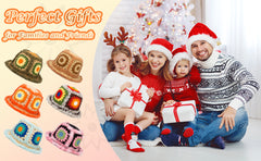 Fuzzy granny square bucket hat crochet kits shown as perfect Christmas gifts for family and friends