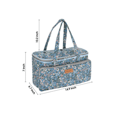 Blue floral knitting project bag showing size measurements