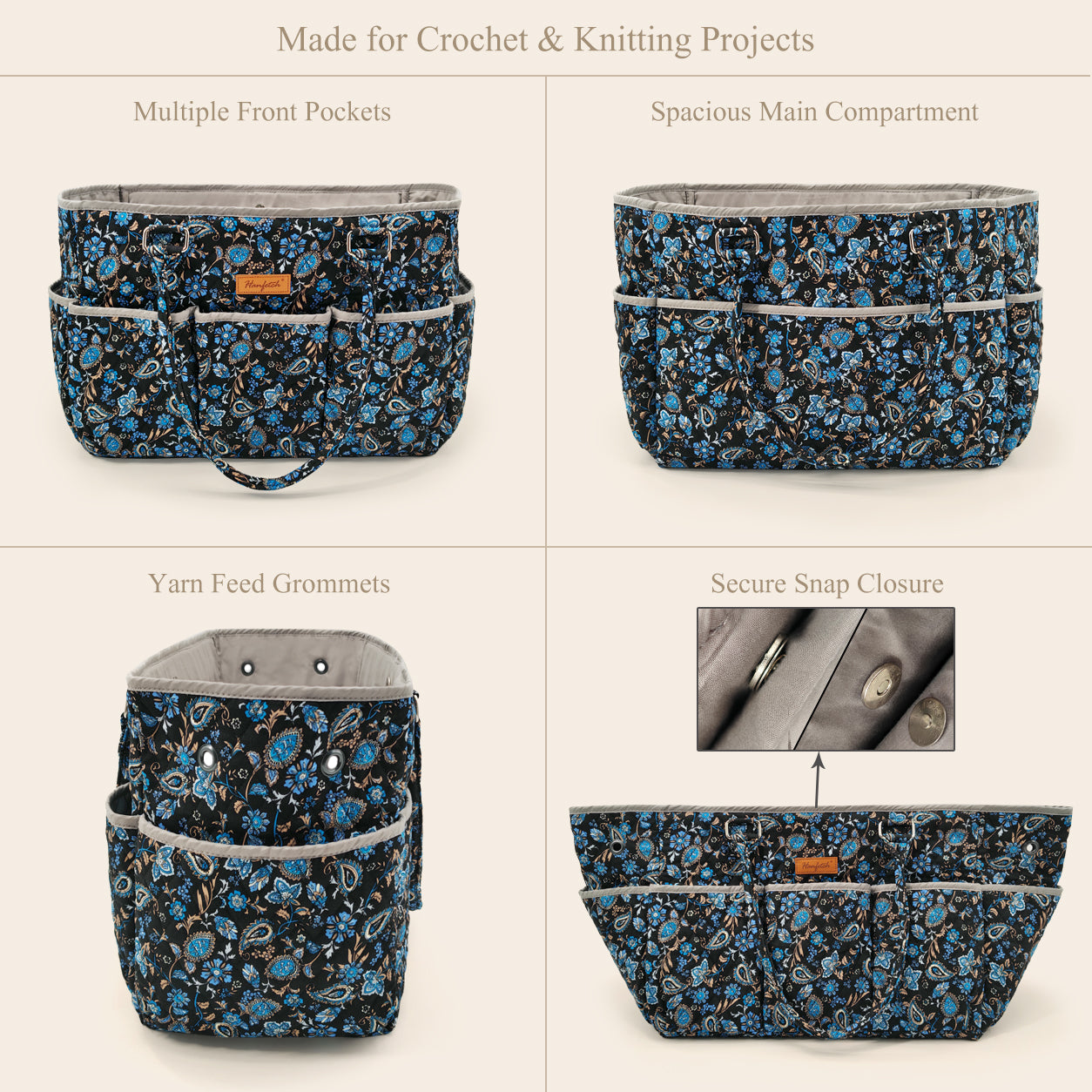 Woolique Studio yarn storage tote with pockets, grommets and snap closure